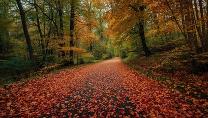 A picturesque autumnal pathway lined with vibrant red and gold foliage.