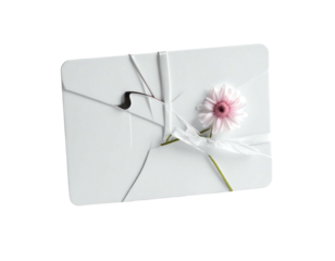 A cracked, white envelope with a delicate pink flower and stem nestled within its torn flaps, suggesting fragility and loss