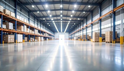 Exploring empty industrial space wide warehouse hall interior glowing overheads fuzzy view concept