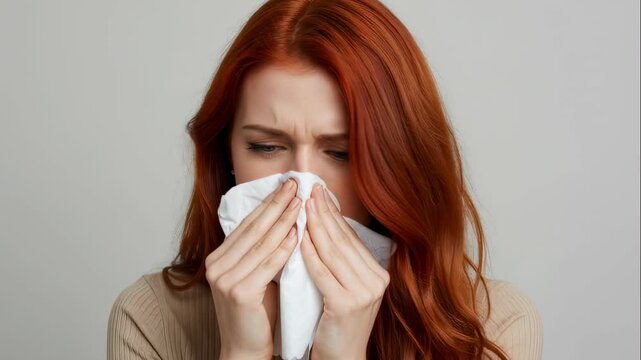 Young woman with red hair sneezing into a tissue, suffering from seasonal allergies or a cold, health issue footage.