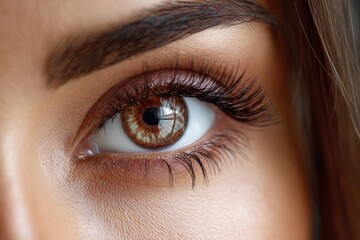 Closeup of a womans hazel eye with long lashes