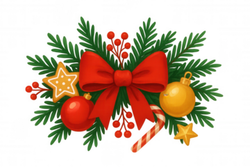 Christmas wreath arrangement with red bow, pine branches, holly berries, ornaments, ginger cookie, and candy cane, transparent background