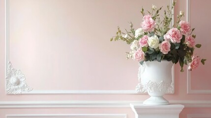 Elegant Floral Arrangement in Classic White Urn Against Soft Pink Wall with Decorative Molding and Subtle Texture