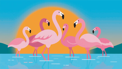 Illustration Of A Group Of Pink Flamingos Standing In Shallow Water Against An Orange Sunset Vector Design Template