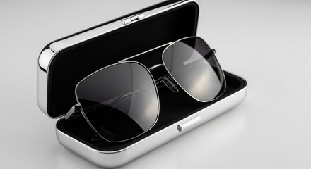 Sunglasses with silver frame in an open silver case on white background