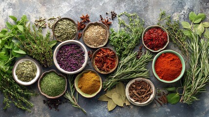 An artistic arrangement of dried herbs and spices in small bowls on a dark marble surface. menu design, packaging mockups, designed for food delivery and cloud-kitchen brand materials.