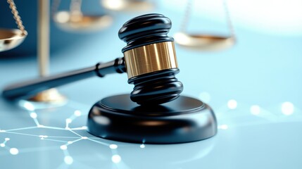 Global justice wooden gavel and golden scales on a globe in artistic legal symbolism