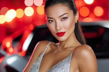 Fototapeta premium Asian woman portraying elegance, luxury, and nightlife