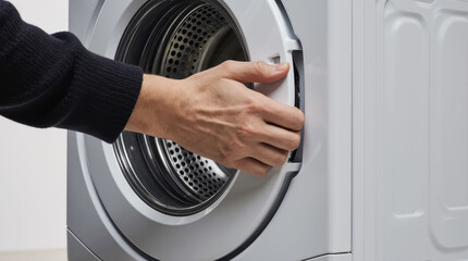 A person's hand opens the door of a front-load washing machine.