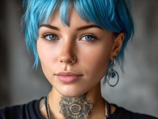 Fototapeta premium Young woman with blue hair portrait and piercings