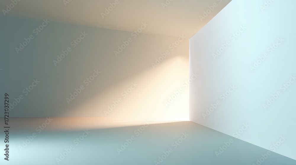 Poster architectural minimalism: an empty room is bathed in soft natural light, with simple lines and textu