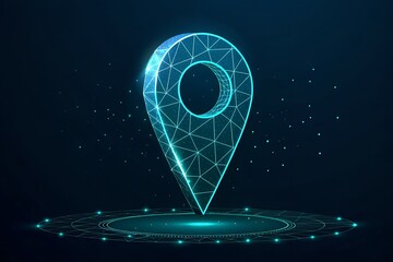 Futuristic low poly digital map pin hologram glowing with technology and network connections abstract concept