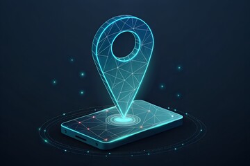 Futuristic low poly digital map pin hologram glowing with technology and network connections abstract concept