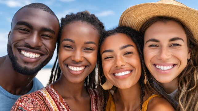 Diverse friends enjoying summer vacation smiling at beach - Powered by Adobe