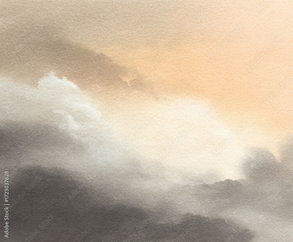 Poster cloudscape canvas: abstract image of a tranquil skyscape, with layered clouds in pastel colors and g