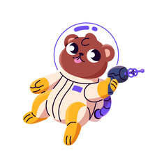 Cute animal astronaut in spacesuit flies in outer space. Funny bear spaceman in helmet and with blaster gun is in outerspace. Spacewalk in cosmos. Flat isolated vector illustration on white background