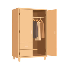Vector illustration of modern wooden wardrobe and closet furniture with clothes, dresses, shirts, shoes, and storage boxes. Stylish bedroom interior design element for fashion and organization.