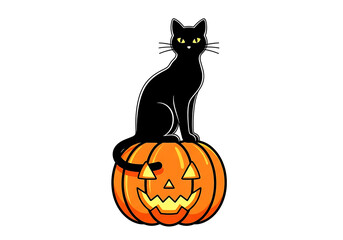 Halloween Spooky Night Illustration of a Black Cat on a Glowing Jack O' Lantern Under the Halloween Full Moon Sky