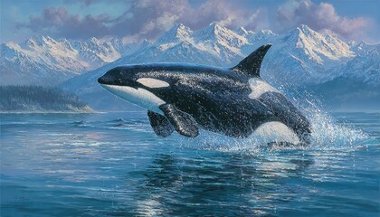 Fototapeta premium Orca leaps above serene water, snowy peaks backdrop