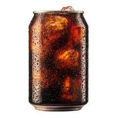 A soda can, full of dark-brown liquid, with ice cubes visible inside. Condensation on the can