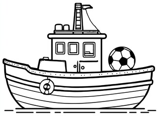 Cartoonish black and white tugboat with soccer ball