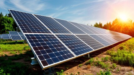 Solar panels converting sunlight into clean energy in a field