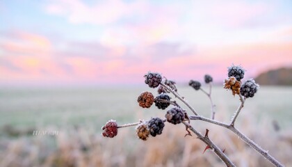 Cinematic orchard telephoto of juneberry crowns at first frost, pastel sky glinting along the rim with quiet compression for gentle autumn calm.