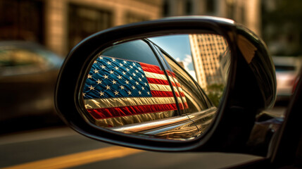 A car's rear view mirror shows a reflection of a large American flag