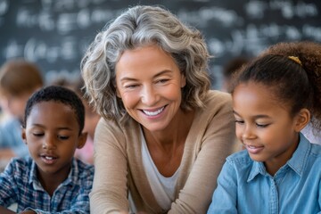 Teacher helping diverse students learning in classroom