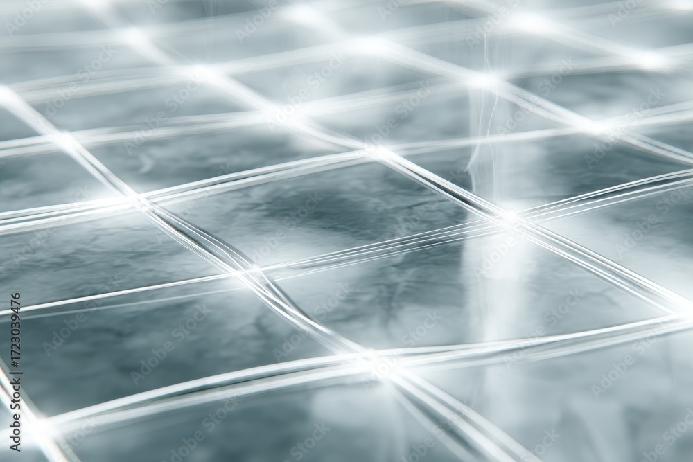 Poster grid of lights: abstract image of a bright, interconnected network of lines and squares, representin