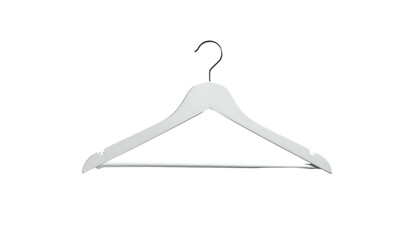 A simple, off-white wooden clothes hanger with a curved top and a slight shoulder bump, featuring a metal hook