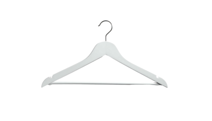 A simple, off-white wooden clothes hanger with a curved top and a slight shoulder bump, featuring a metal hook