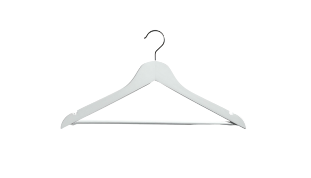 A simple, off-white wooden clothes hanger with a curved top and a slight shoulder bump, featuring a metal hook