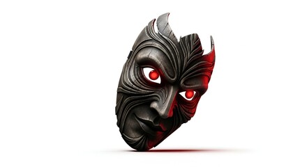 Mysterious Ancient Tribal Mask with Fiery Red Eyes Evoking a Sense of Intrigue and Danger