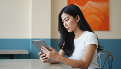concentrated woman is skillfully using her tablet while situated in modern cafe setting