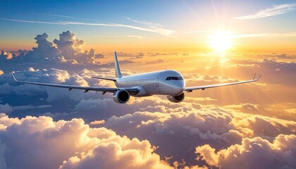 Airplane Soaring Above Fluffy Clouds at Sunset with Golden Sunlight Streaming Through Dramatic Sky White Passenger Plane Flying Over Beautiful Cloudscape