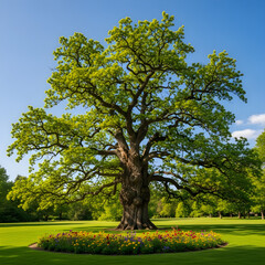 Majestic rustic tree in vibrant park under clear blue sky