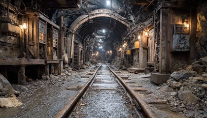 Dark, dusty mine tunnel with tracks