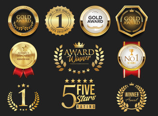 Gold Award Winner emblem and badge collection of gold laurel wreath isolated on black background