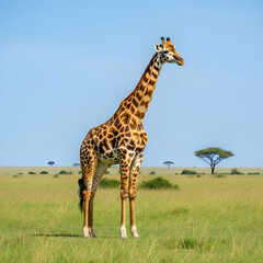 Majestic Giraffe Amidst Vast Green Savannah Under Clear Sky