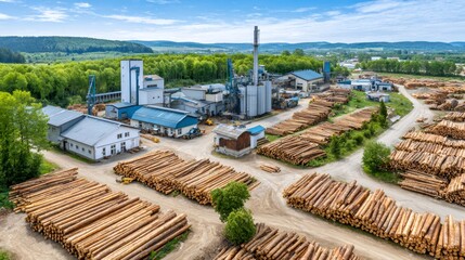 Fototapeta premium Sawmill industry showing large timber log stacks