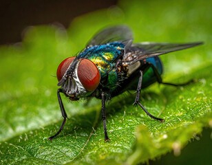 Fototapeta premium Iridescent Green Bottle Fly Standing on a Bright Green Leaf with Detailed Macro Focus and Textural Highlights in Natural Lighting