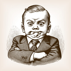 young boy in a formal suit and tie, arms crossed, making an exaggerated pout with a frustrated expression sketch engraving generative ai vector illustration. Scratch board. Black and white.
