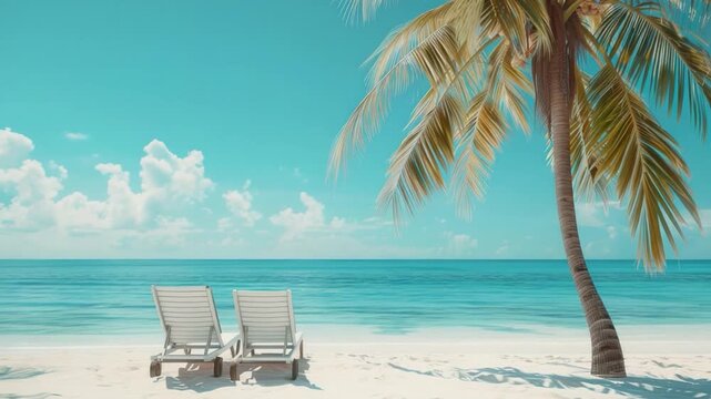 Two lounge chairs sit beside a palm tree on a sunny beach