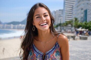 Brazilian woman smiling on copacabana beach vacation
