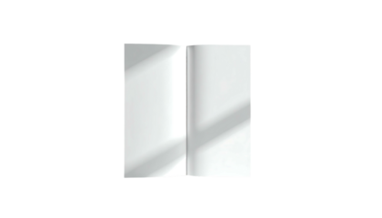 Open blank notebook,  showing off white pages and subtle light patterns from a window, against a black backdrop