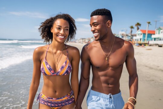 Happy young diverse couple walking on beach vacation