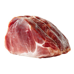 Close-up of a cured ham piece, showing its reddish-pink color and slightly marbled texture