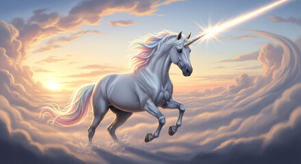 Obraz premium Cloud unicorn with glowing horn galloping in dawn sky