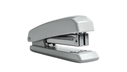 Sleek, off-white desktop stapler with a metallic base and a smooth, curved design.  It features a clear staple viewing window and a comfortable grip